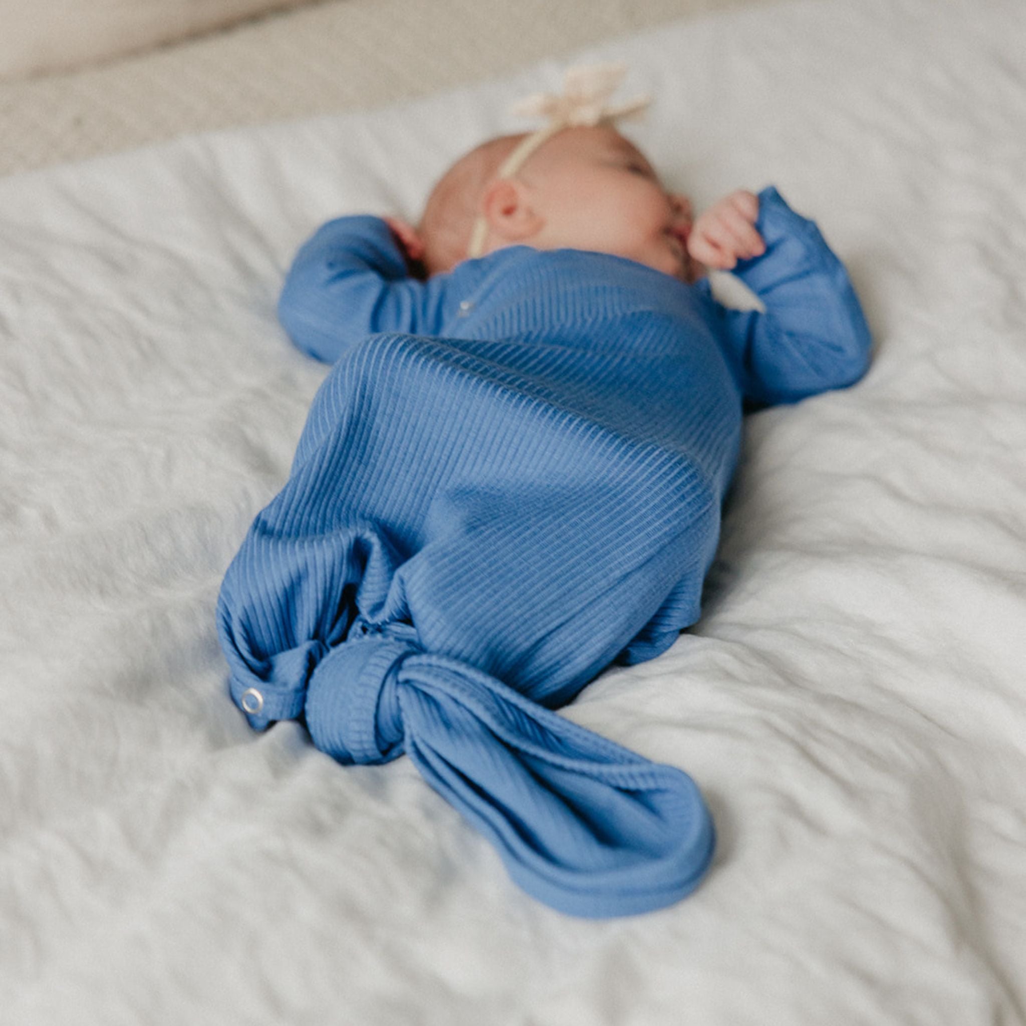 Rib Knit Newborn Knotted Gown - Indigo