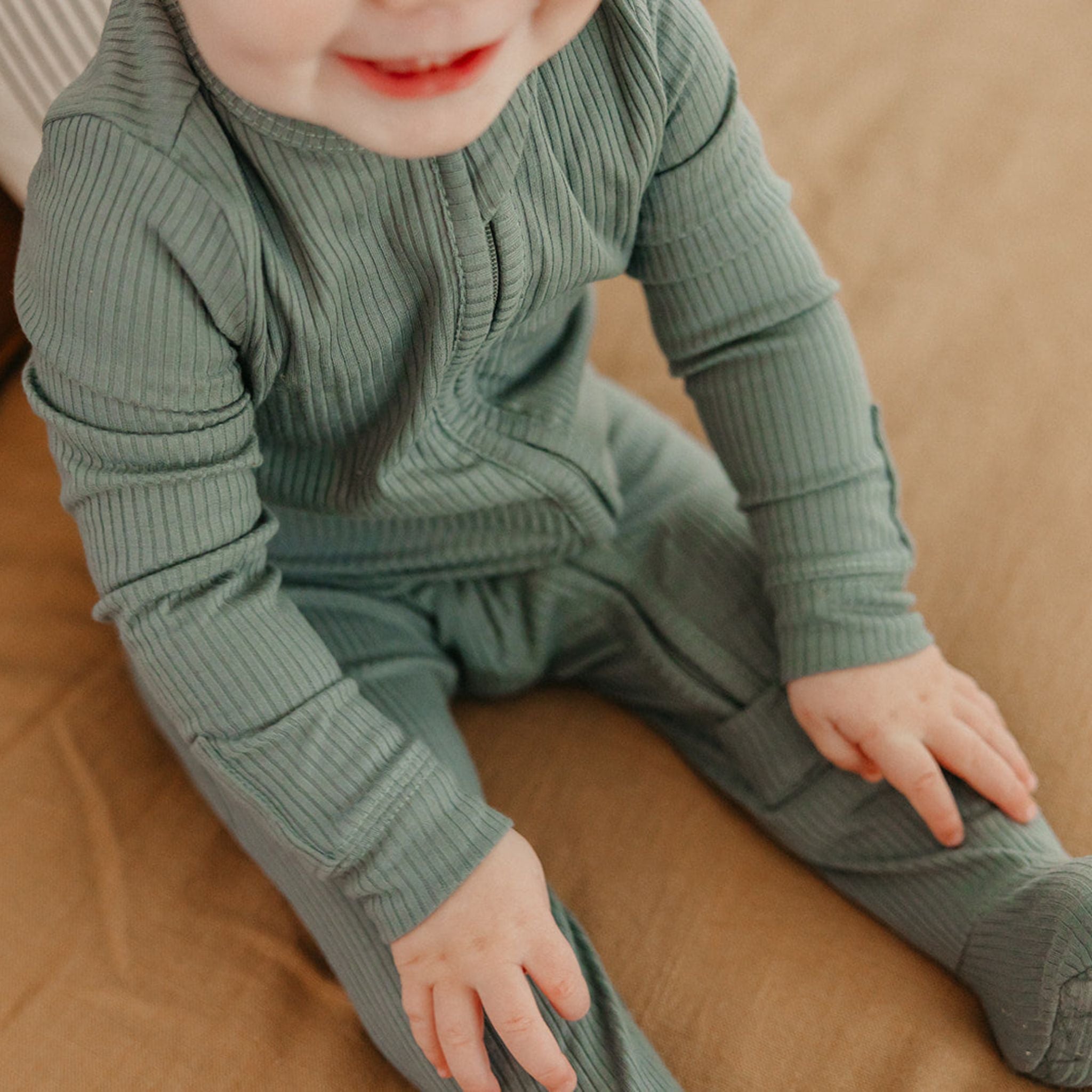 Rib Knit Zip-Up Footie Pajama - Moss