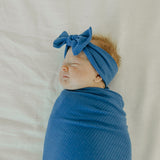 Rib Knit Headband Bow - Indigo