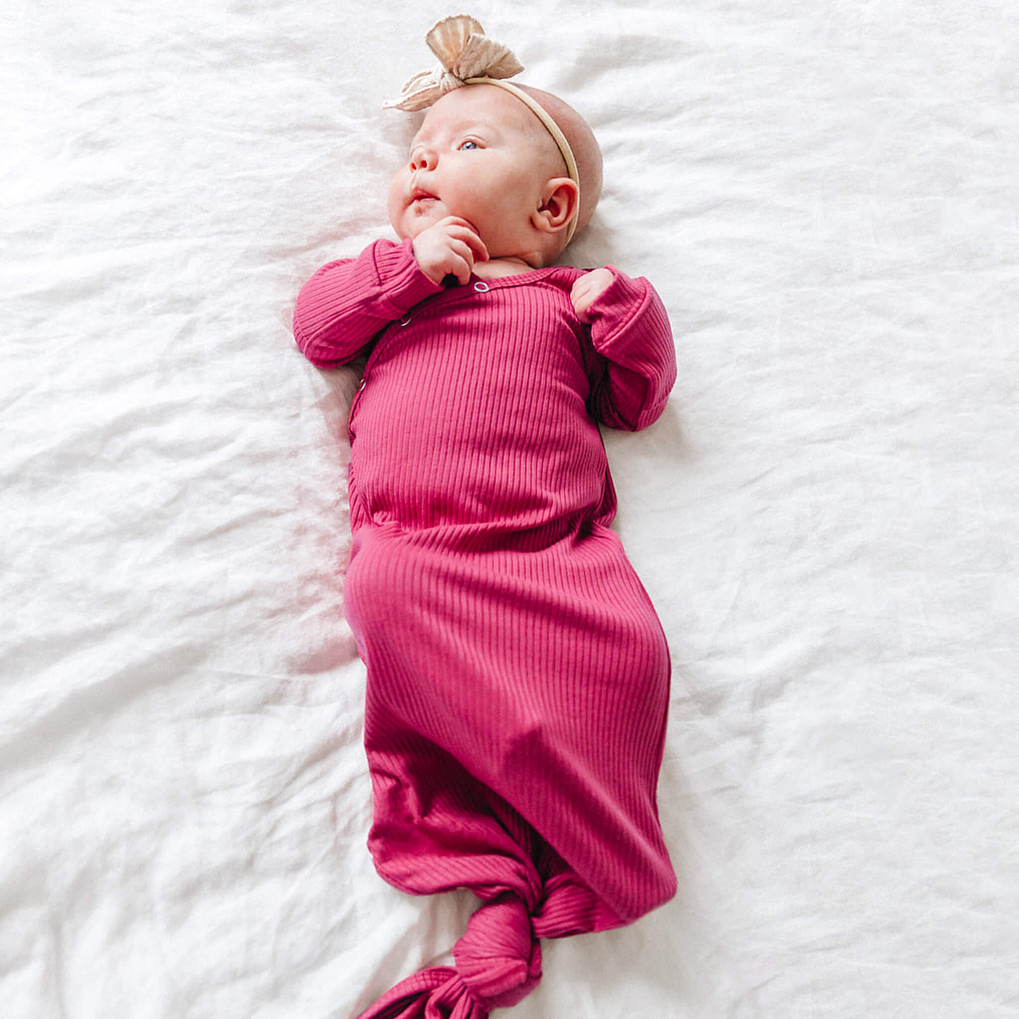 Rib Knit Newborn Knotted Gown - Berry