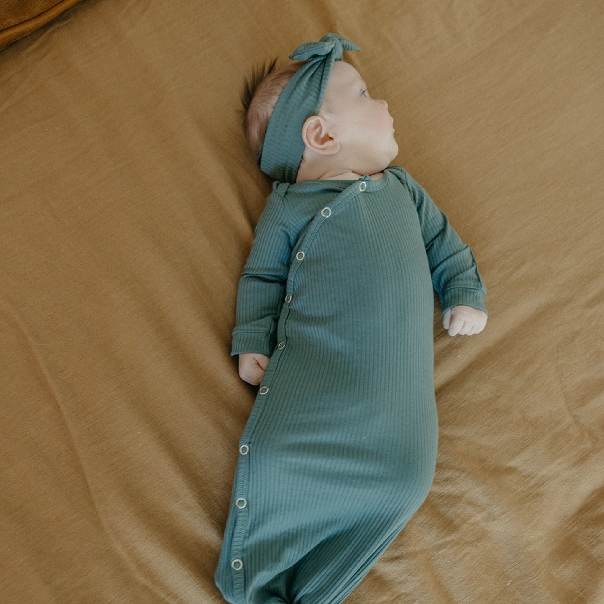 Rib Knit Newborn Knotted Gown - Moss