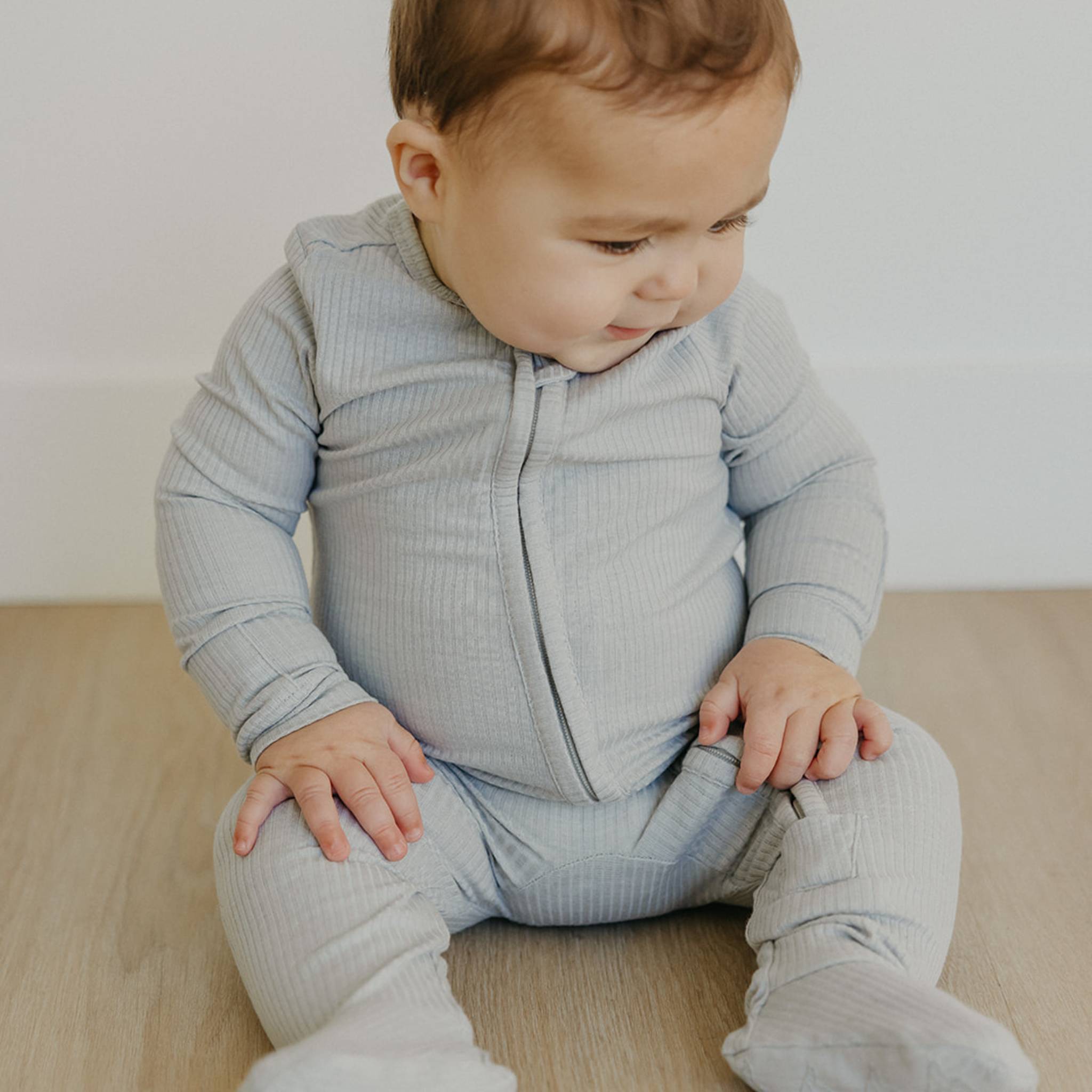 Rib Knit Zip-Up Footie Pajama - Ash